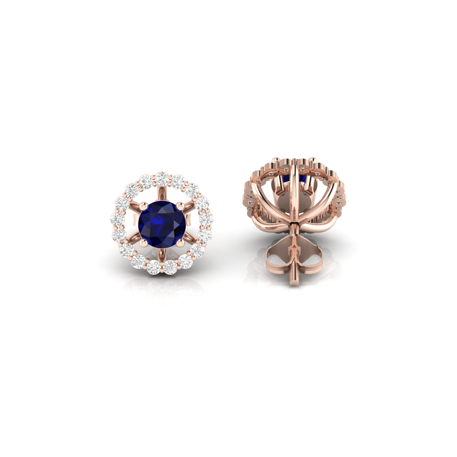 Round Blue Sapphire Rose Gold Plated Halo Stud Earrings