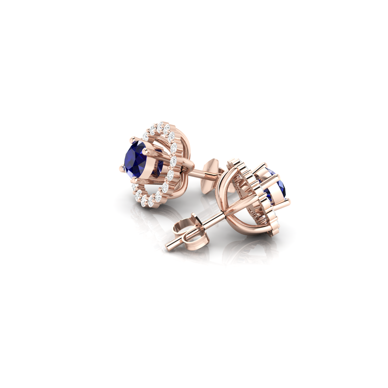 Round Blue Sapphire Rose Gold Plated Halo Stud Earrings