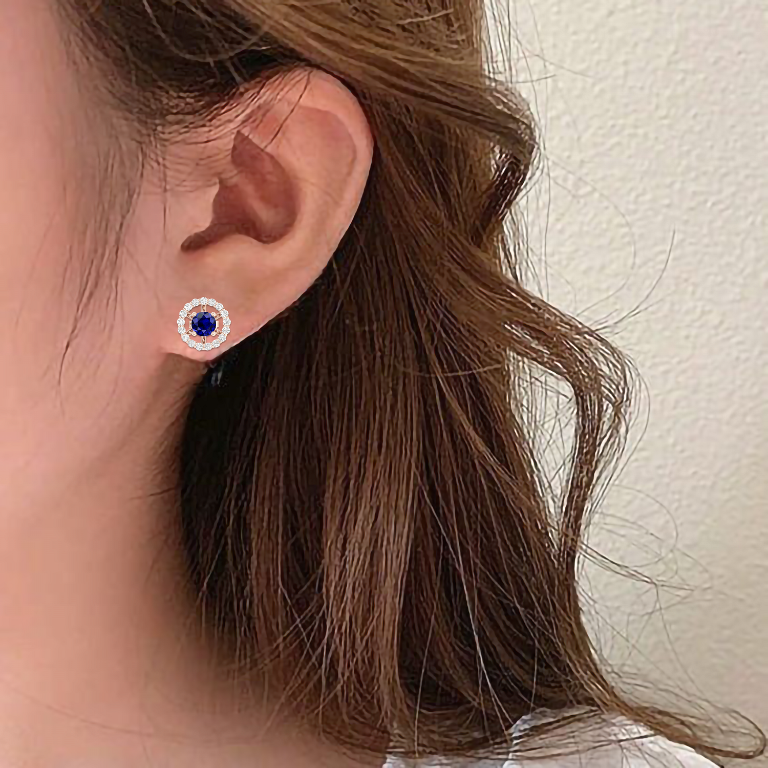 Round Blue Sapphire Rose Gold Plated Halo Stud Earrings