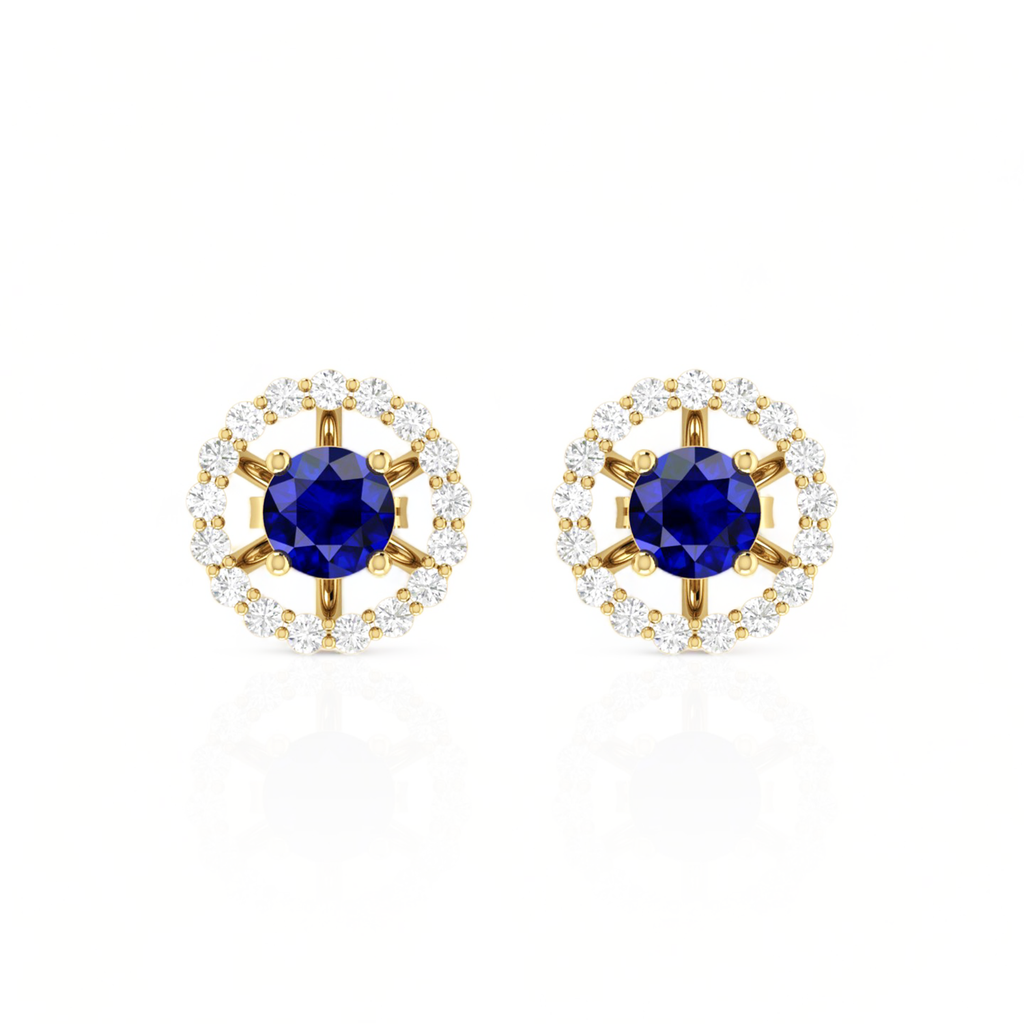 Round Blue Sapphire Halo Stud Gold Plated Earrings