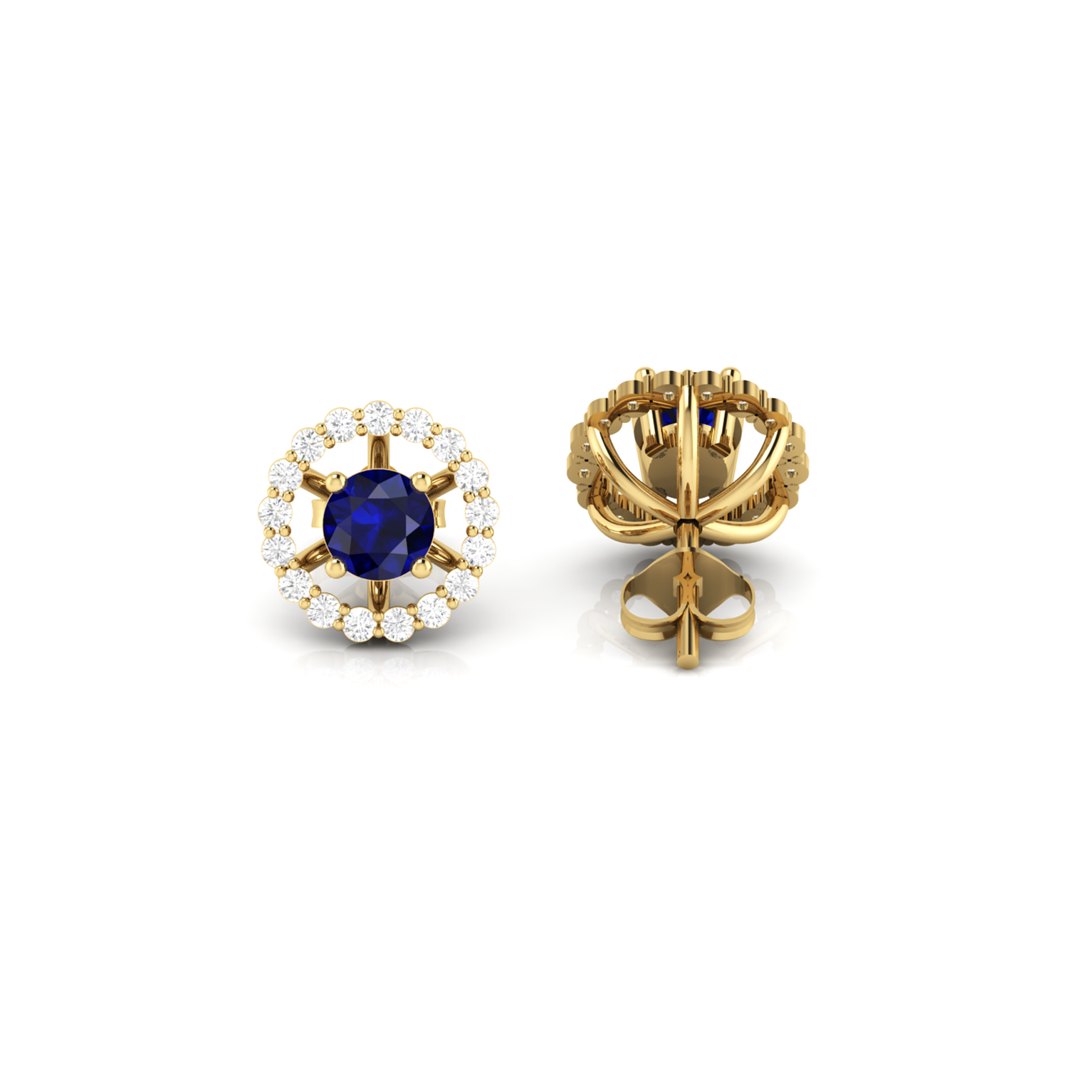 Round Blue Sapphire Halo Stud Gold Plated Earrings