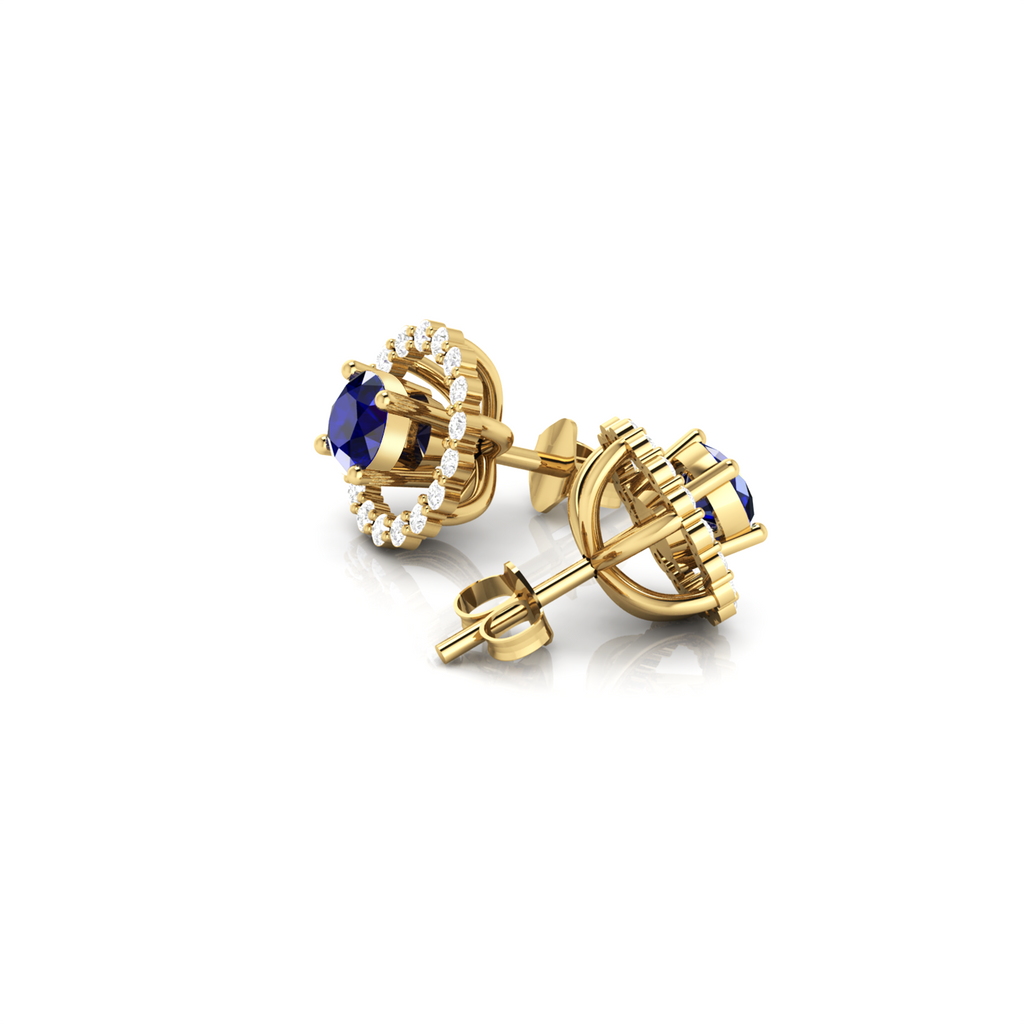 Round Blue Sapphire Halo Stud Gold Plated Earrings
