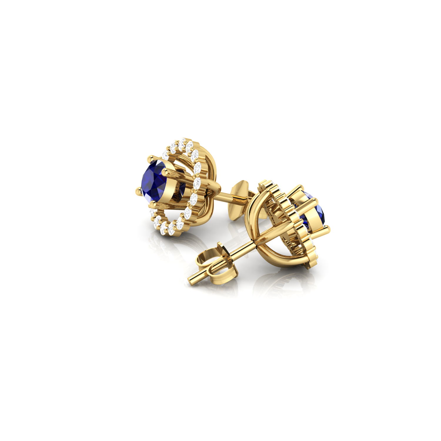 Round Blue Sapphire Halo Stud Gold Plated Earrings