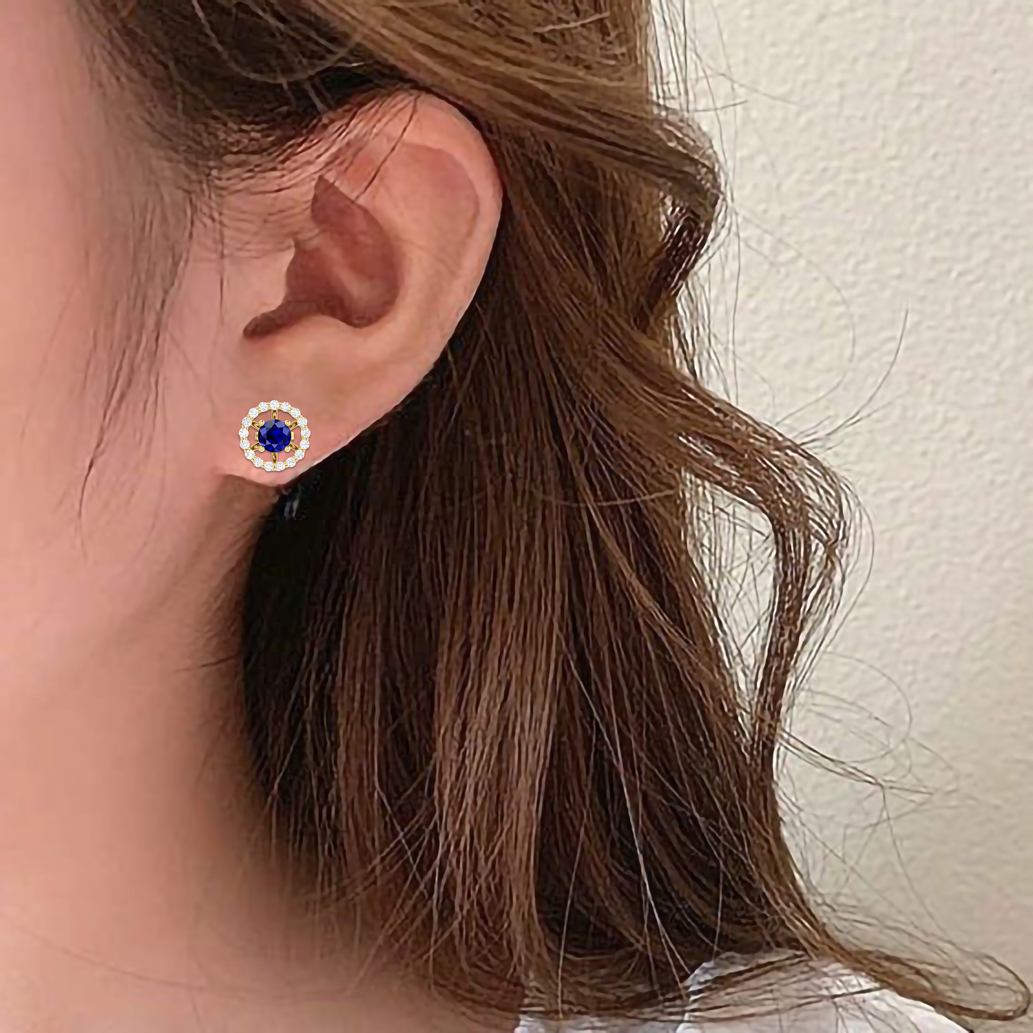 Round Blue Sapphire Halo Stud Gold Plated Earrings