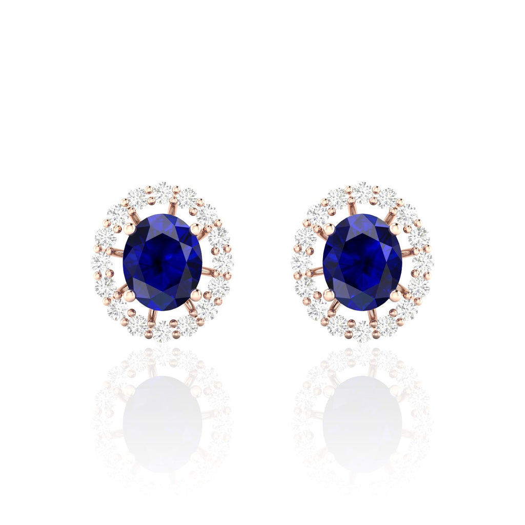 Oval Blue Sapphire Rose Gold Plated Diamond Stud Earrings