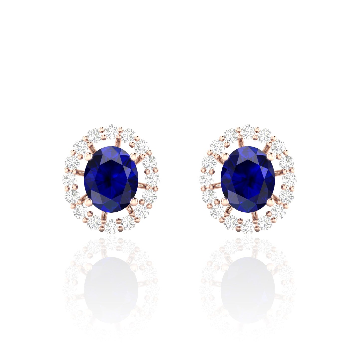 Oval Blue Sapphire Rose Gold Plated Diamond Stud Earrings