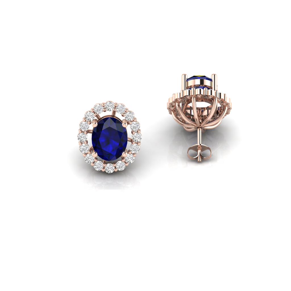 Oval Blue Sapphire Rose Gold Plated Diamond Stud Earrings