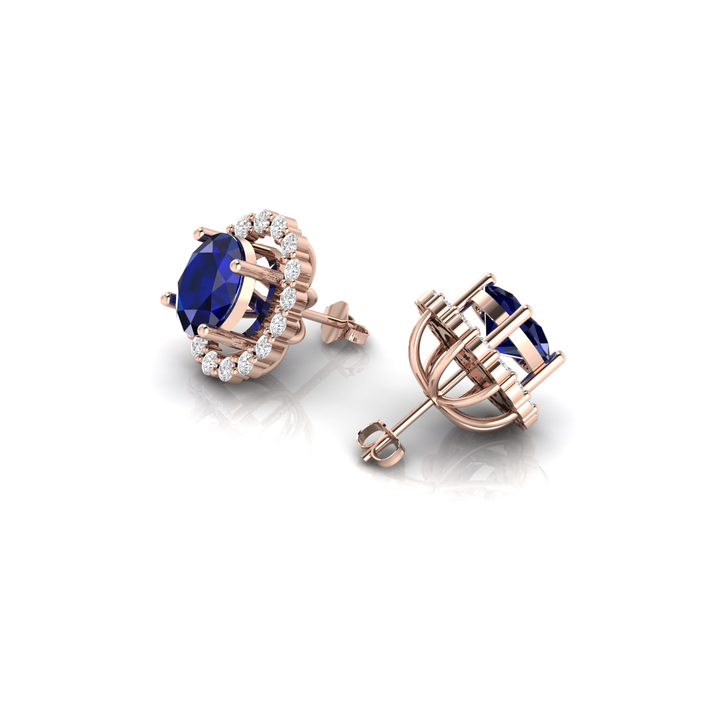 Oval Blue Sapphire Rose Gold Plated Diamond Stud Earrings