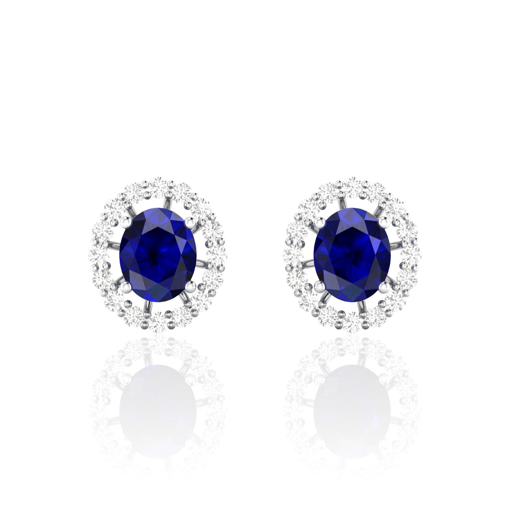 Oval Blue Sapphire Diamond Silver Stud Earrings