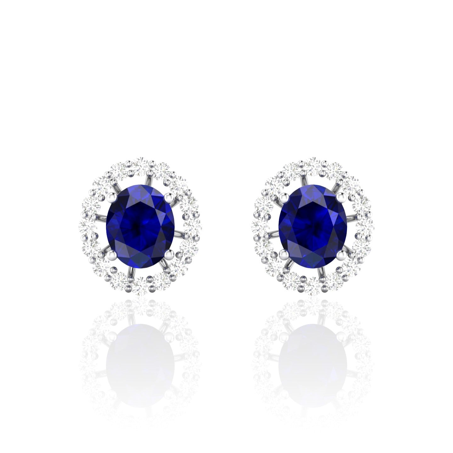 Oval Blue Sapphire Diamond Silver Stud Earrings