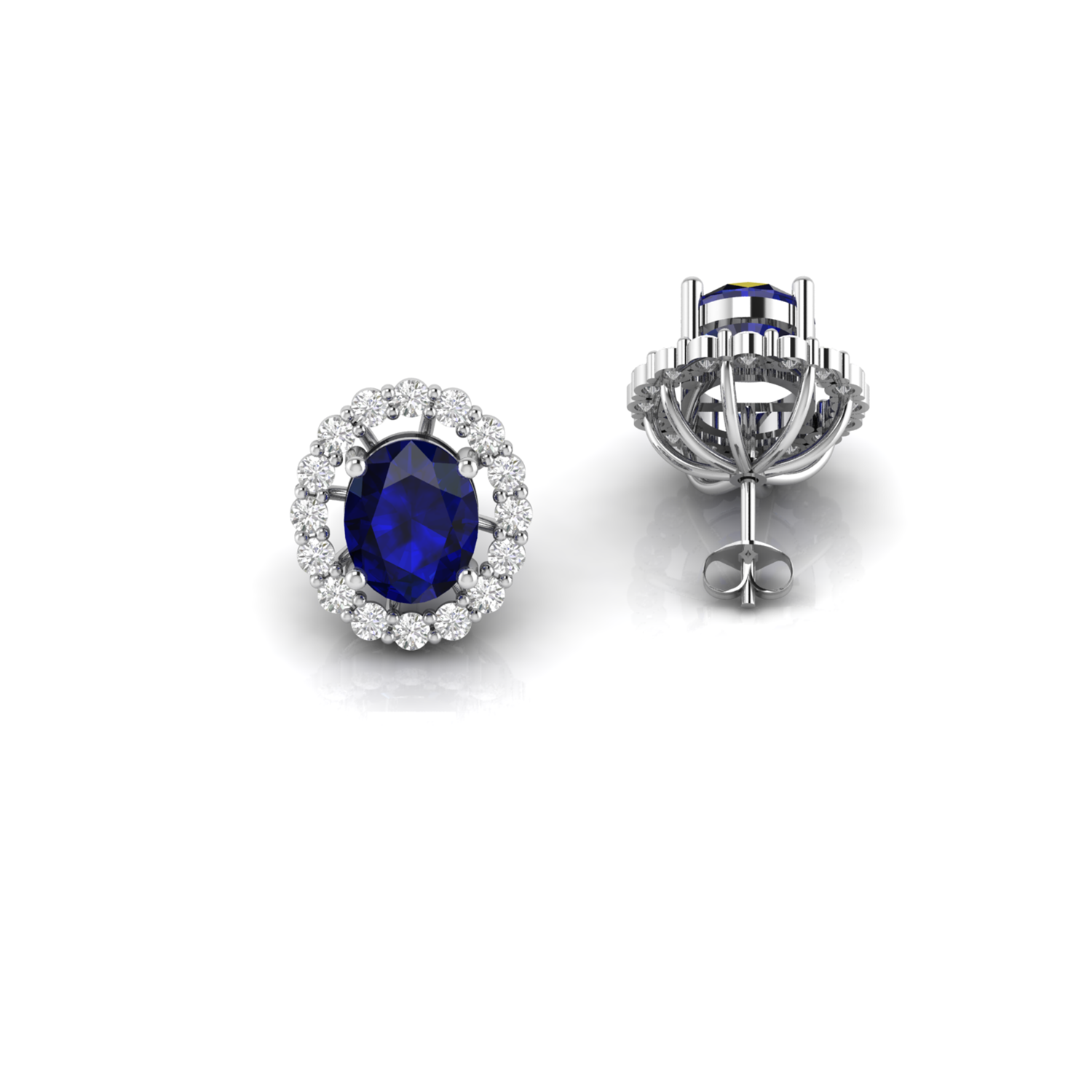 Oval Blue Sapphire Diamond Silver Stud Earrings