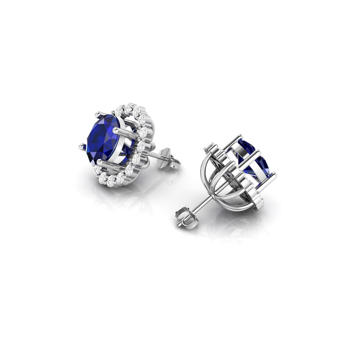 Oval Blue Sapphire Diamond Silver Stud Earrings