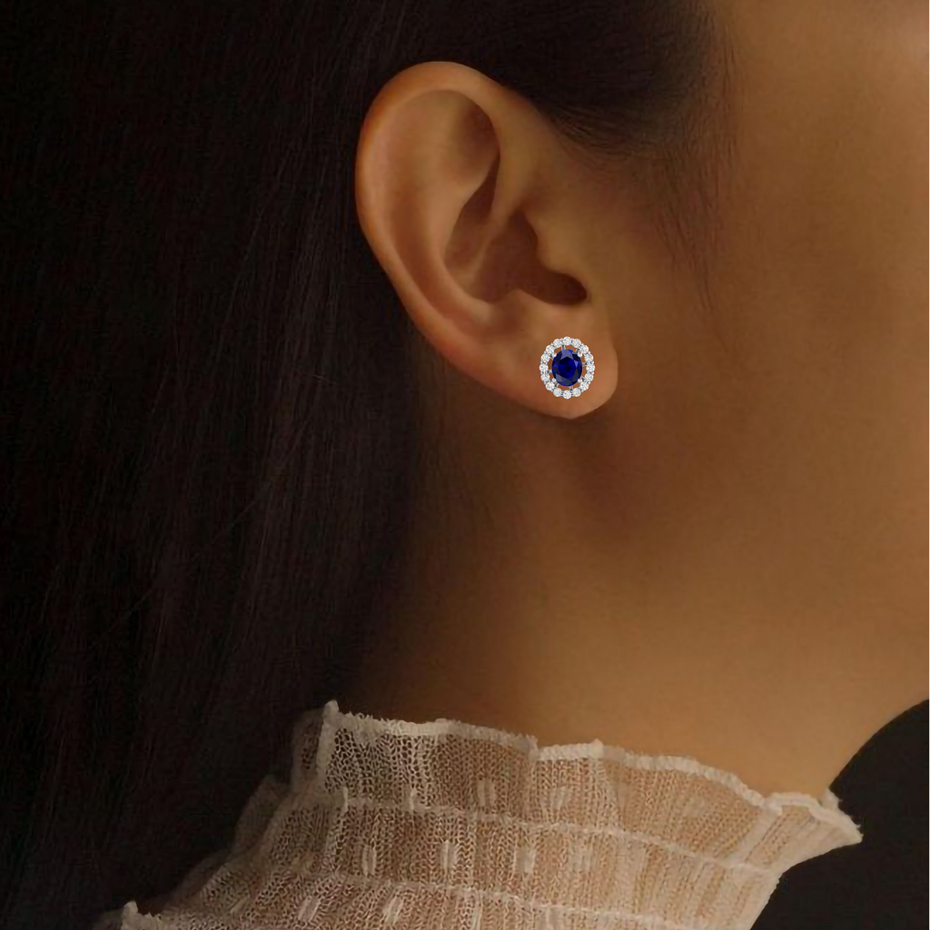 Oval Blue Sapphire Diamond Silver Stud Earrings