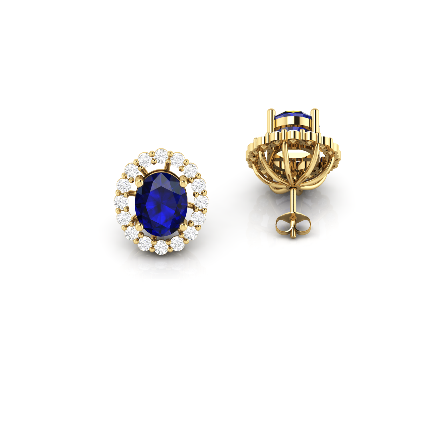 Oval Blue Sapphire Diamond Stud Gold Plated Earrings