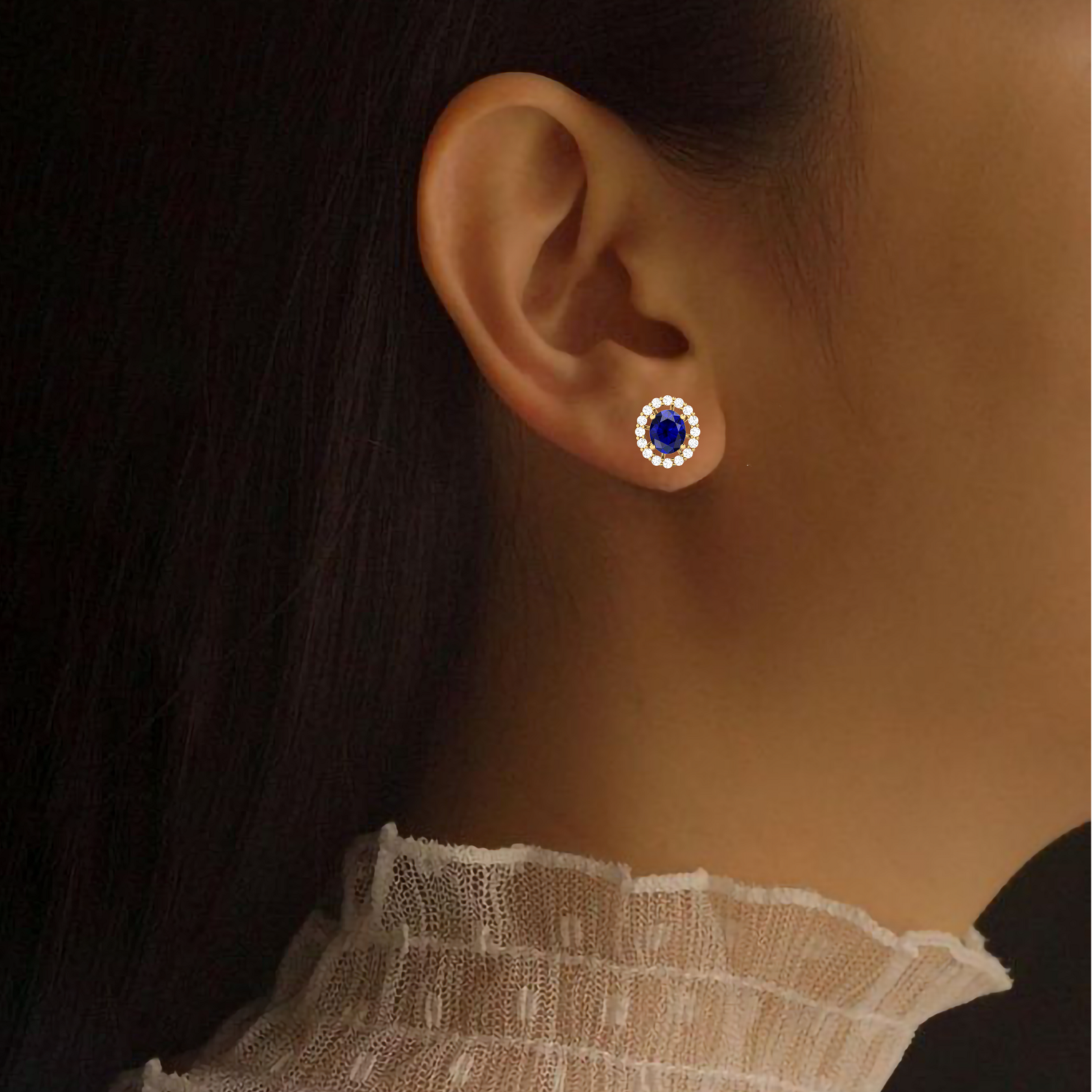Oval Blue Sapphire Diamond Stud Gold Plated Earrings