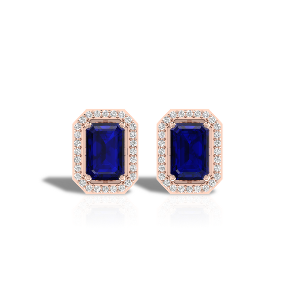 Rose Gold Plated Blue Square Halo Diamond Earrings