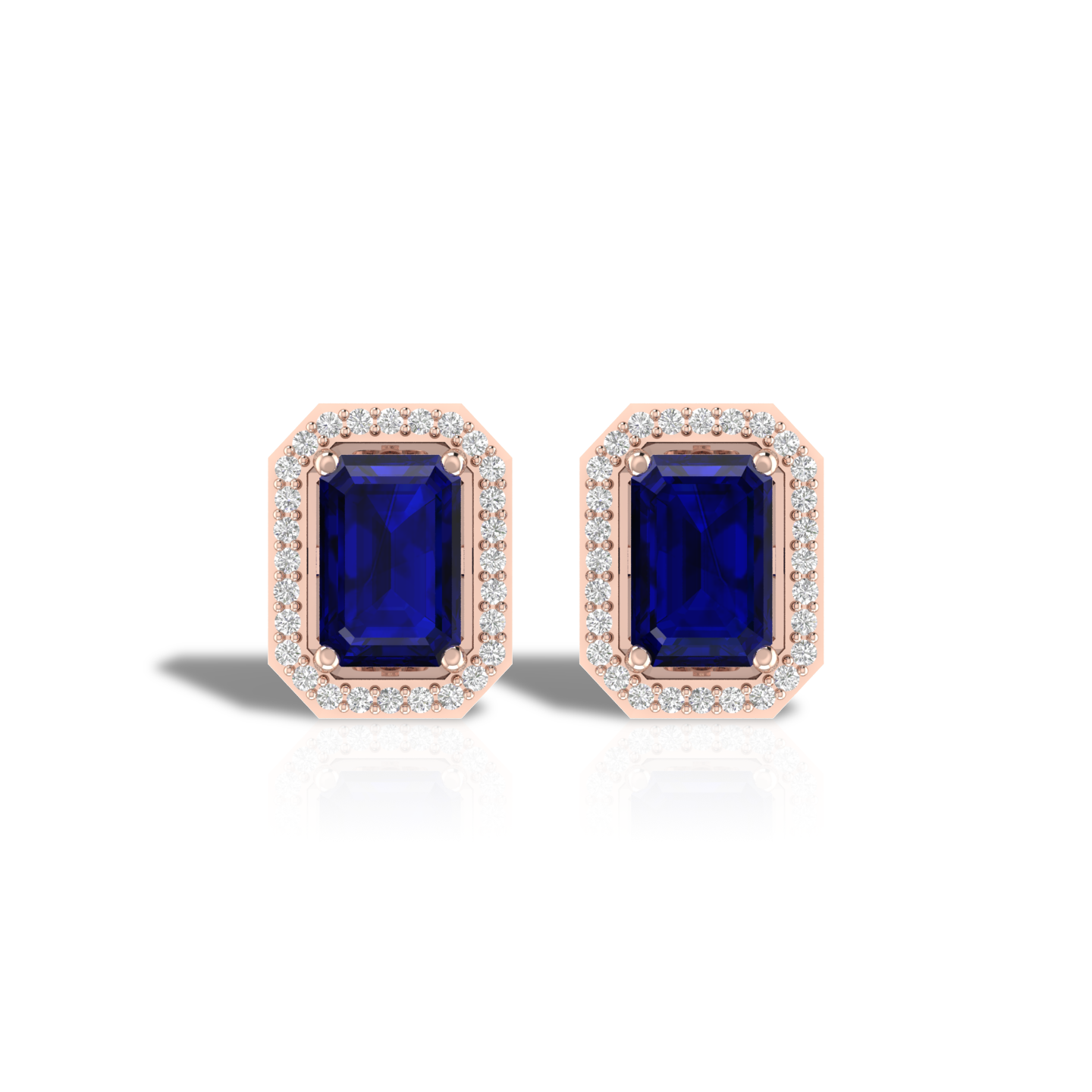 Rose Gold Plated Blue Square Halo Diamond Earrings