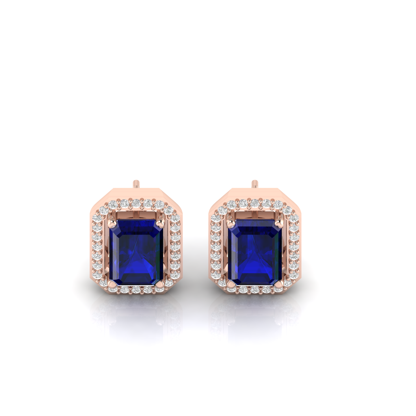 Rose Gold Plated Blue Square Halo Diamond Earrings