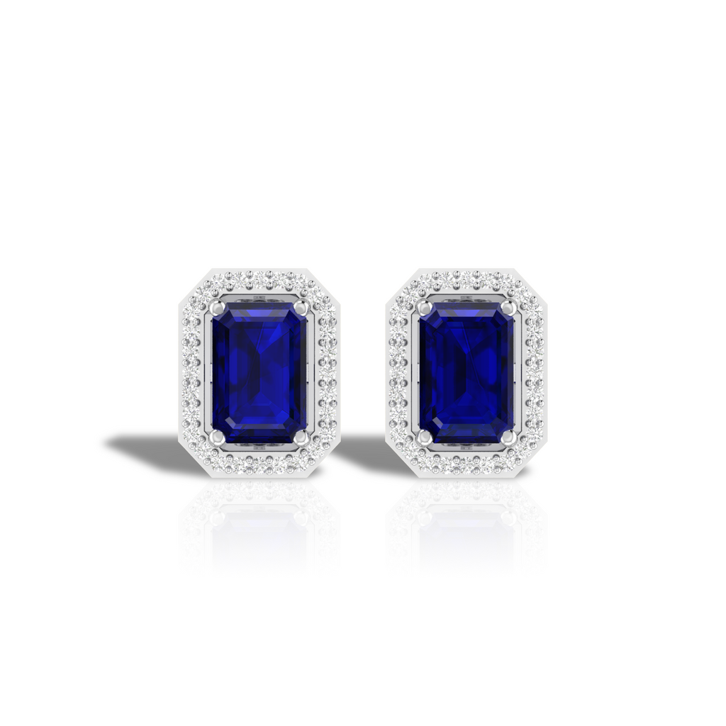 Blue Square Halo Diamond 925 Silver Earrings