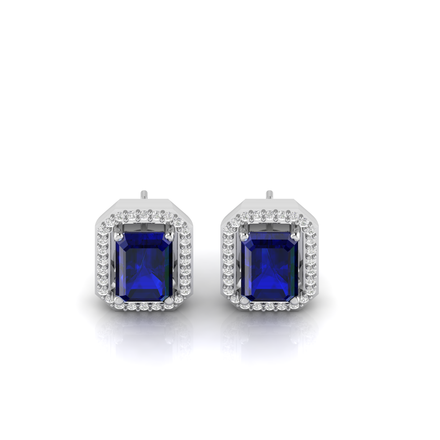 Blue Square Halo Diamond 925 Silver Earrings