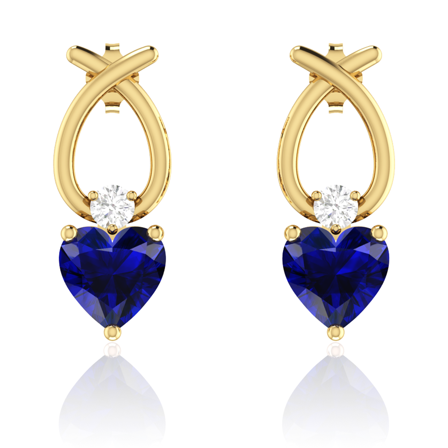 Blue Heart Shaped Ribbon Gold Plated Earrings