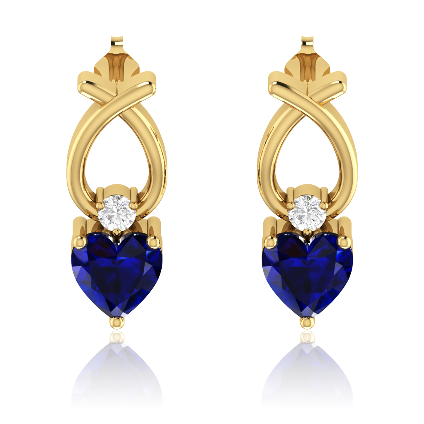 Blue Heart Shaped Ribbon Gold Plated Earrings