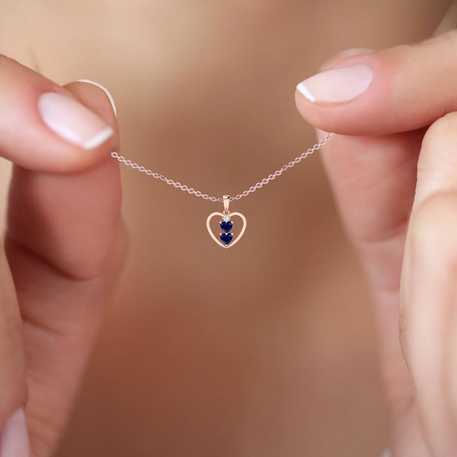 Rose Gold Plated 2 Blue Heart Pendant Necklace - View 4