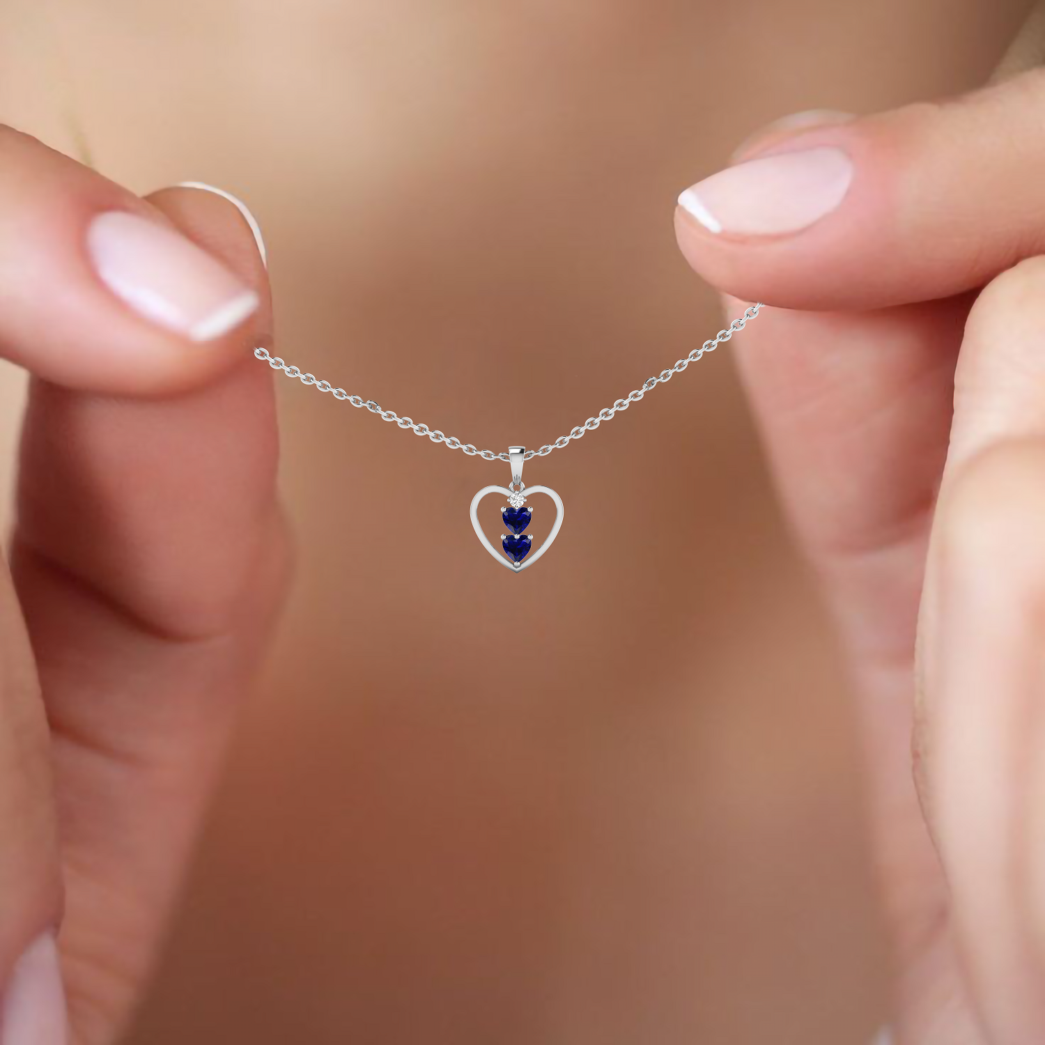 2 Solo Heart Blue Sapphire Silver Pendant Necklace - View 4
