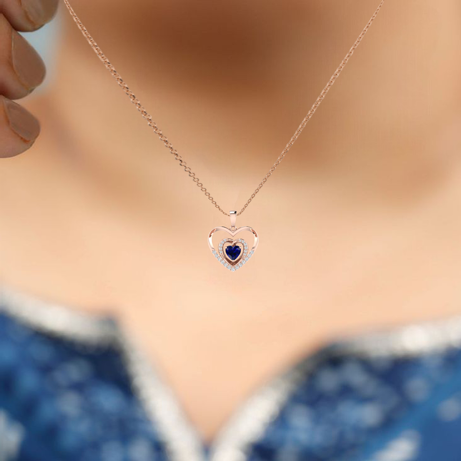 Rose Gold Plated Blue Sapphire Heart Pendant - View 2