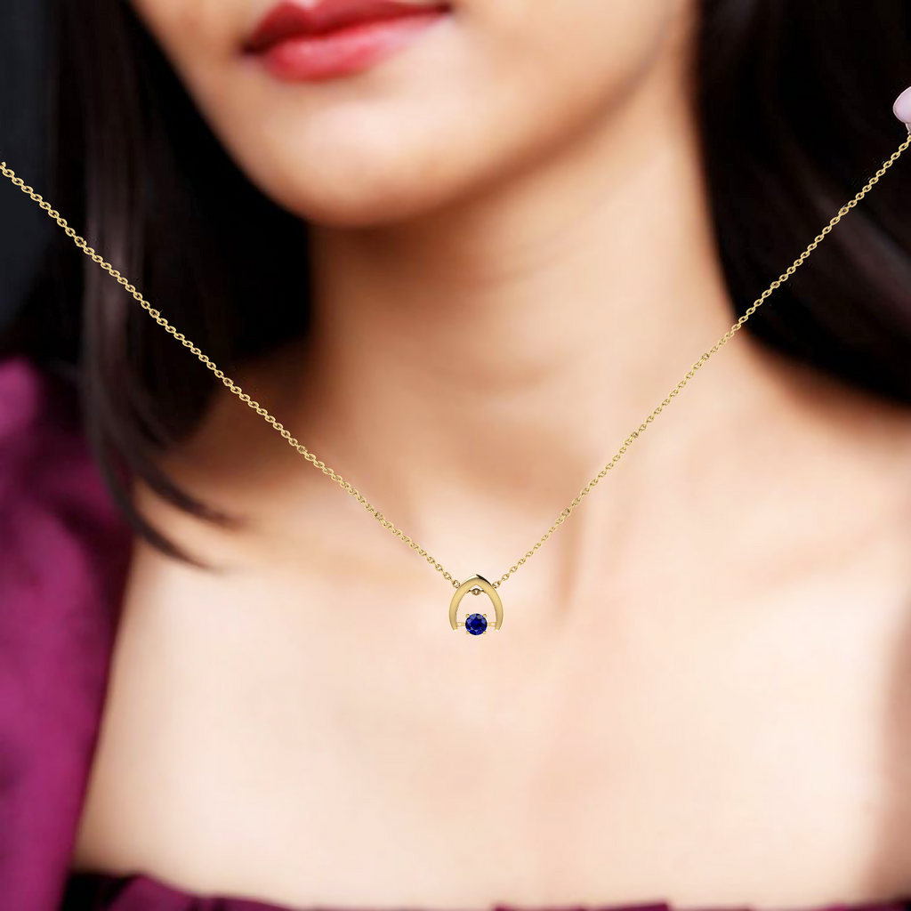 Sparkling Round Blue Sapphire Wishbone Pendant - View 3