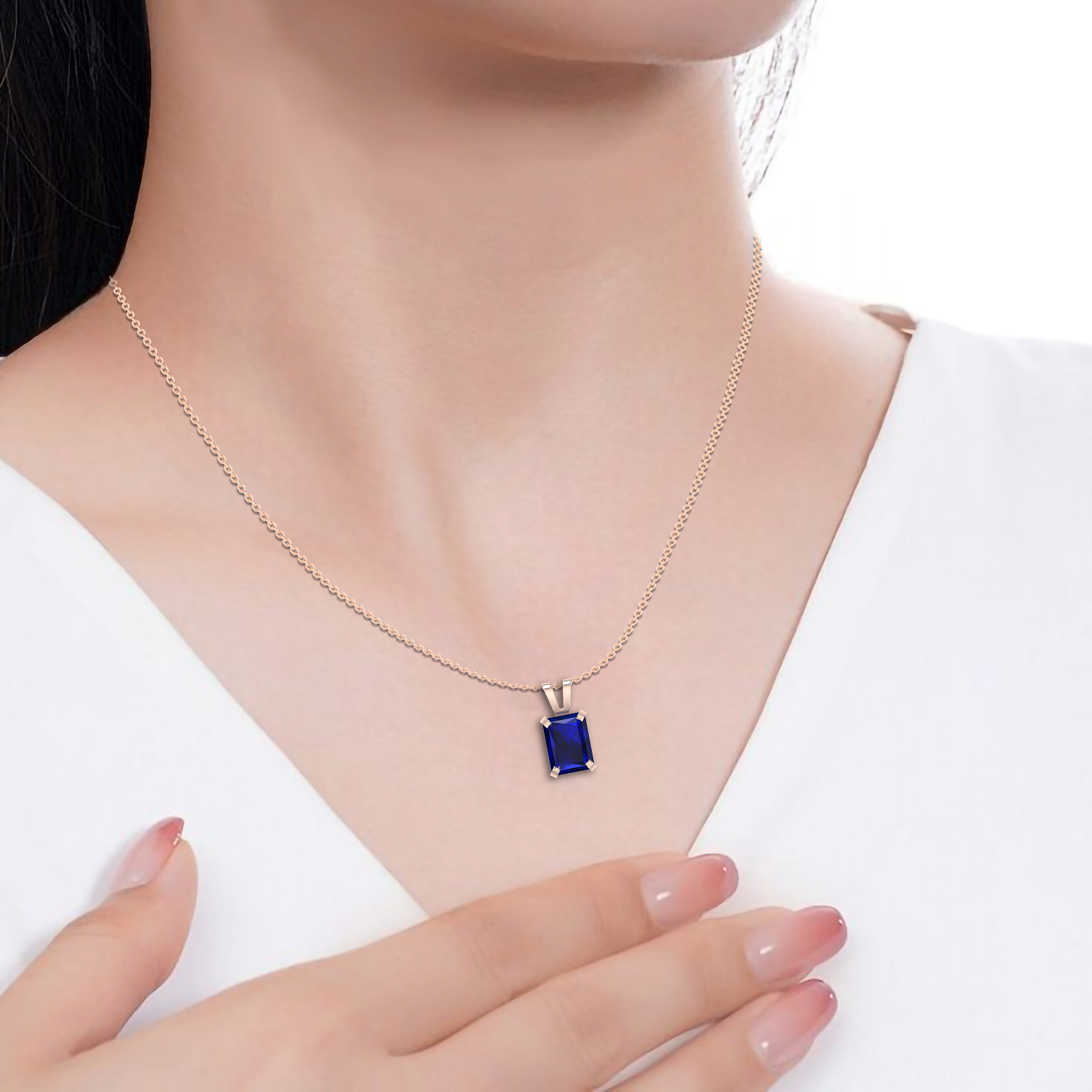 Emerald Cut Blue Sapphire Solitaire Rose Gold Plated Pendant - View 2