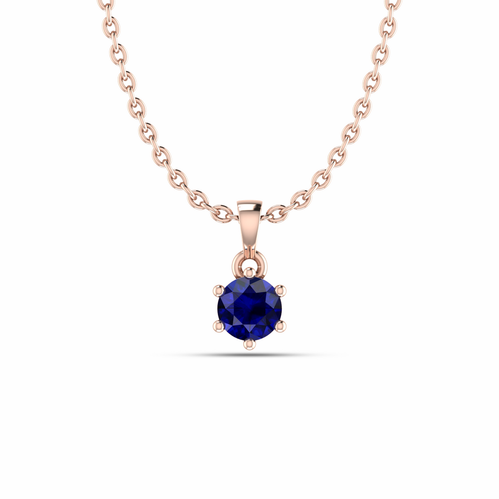 Rose Gold PLated Round Blue Sapphire Classic Solitaire Pendant - View 1
