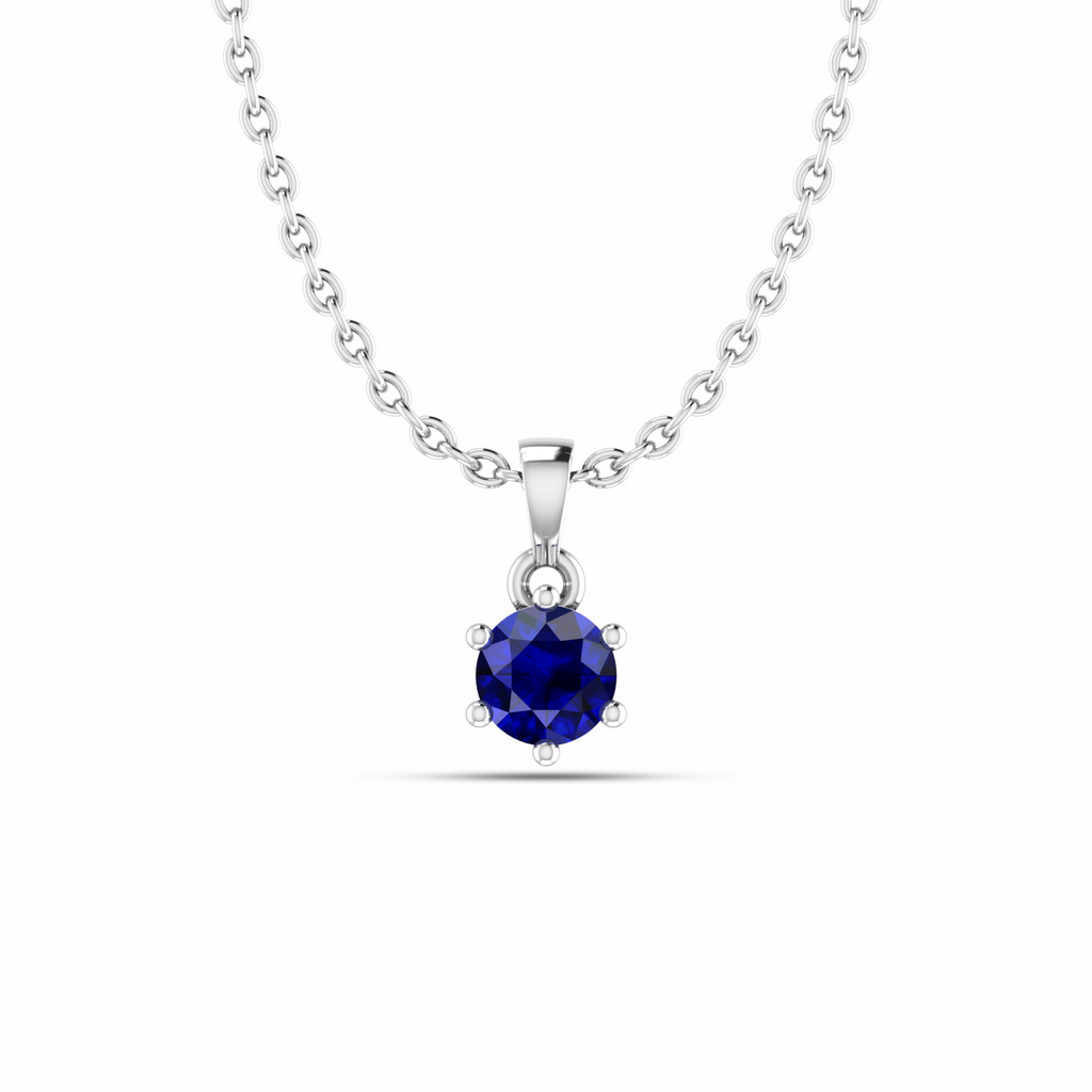 Classic Round Blue Sapphire Silver Solitaire Pendant - View 1
