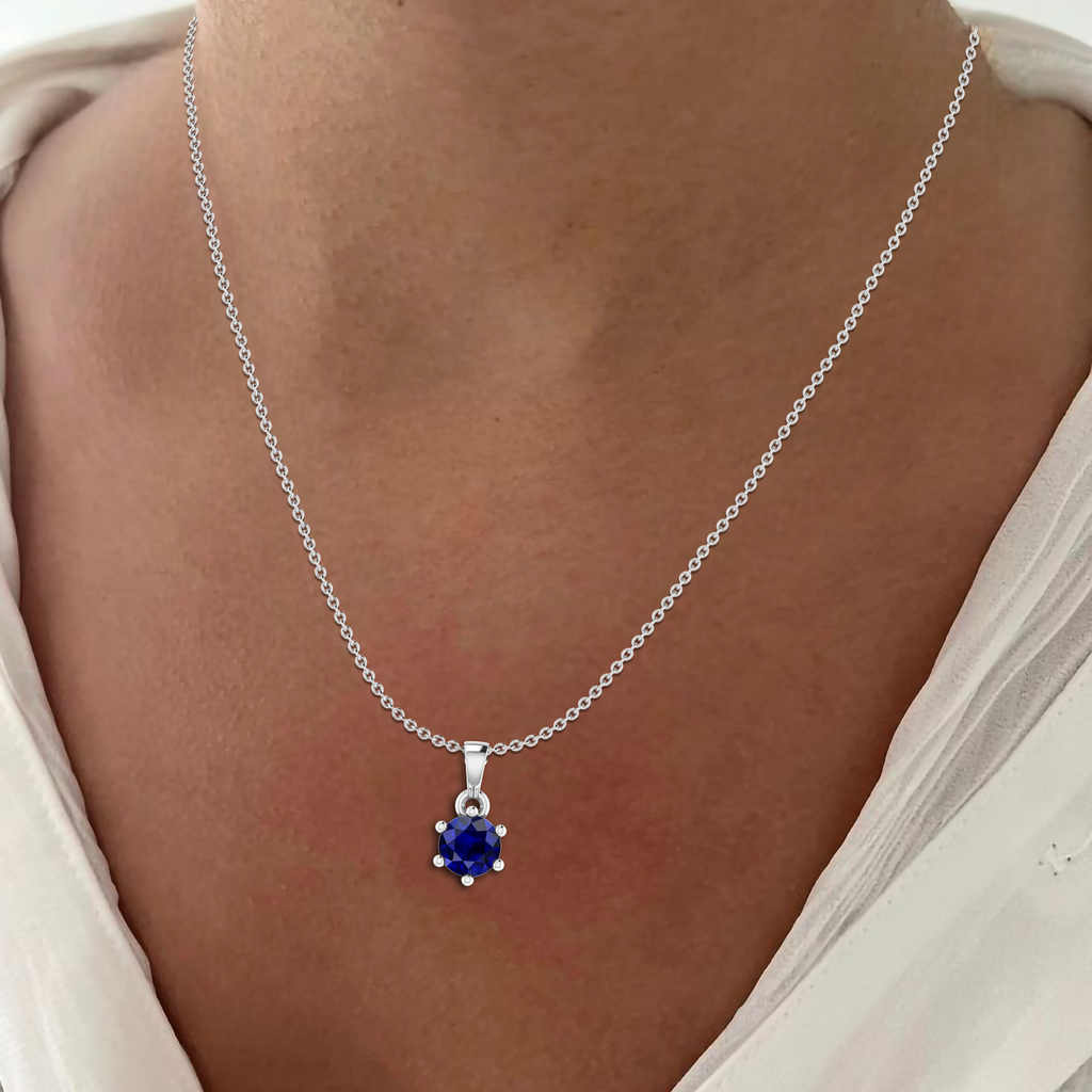 Classic Round Blue Sapphire Silver Solitaire Pendant - View 2