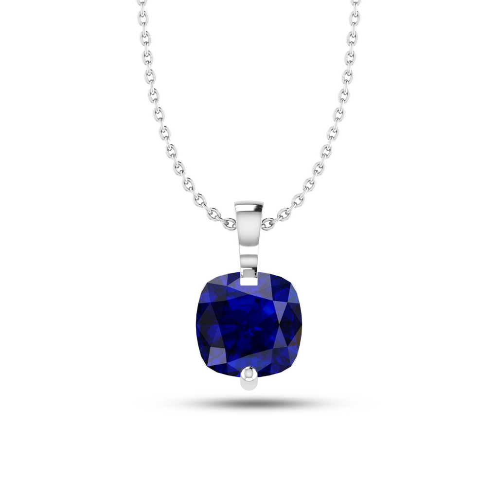 Cushion Blue Sapphire Silver Solitaire Pendant - View 3