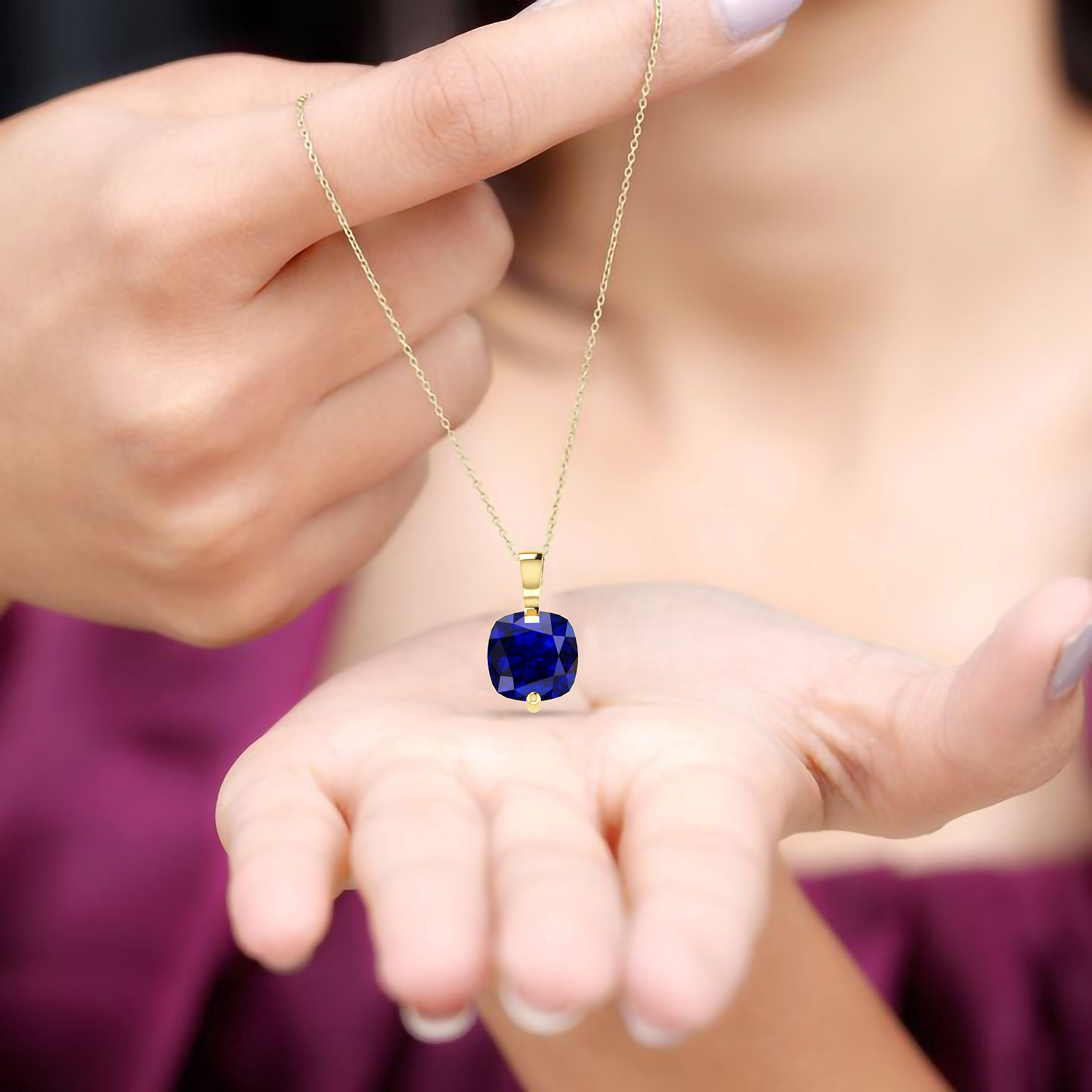Sparkling Cushion Blue Sapphire Gold Plated Pendant - View 2