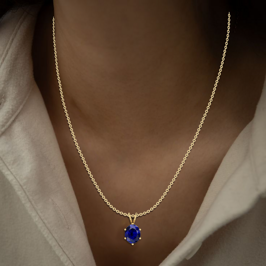 Sparkling Oval Blue Solitaire Gold Plated Halo Pendant - View 2