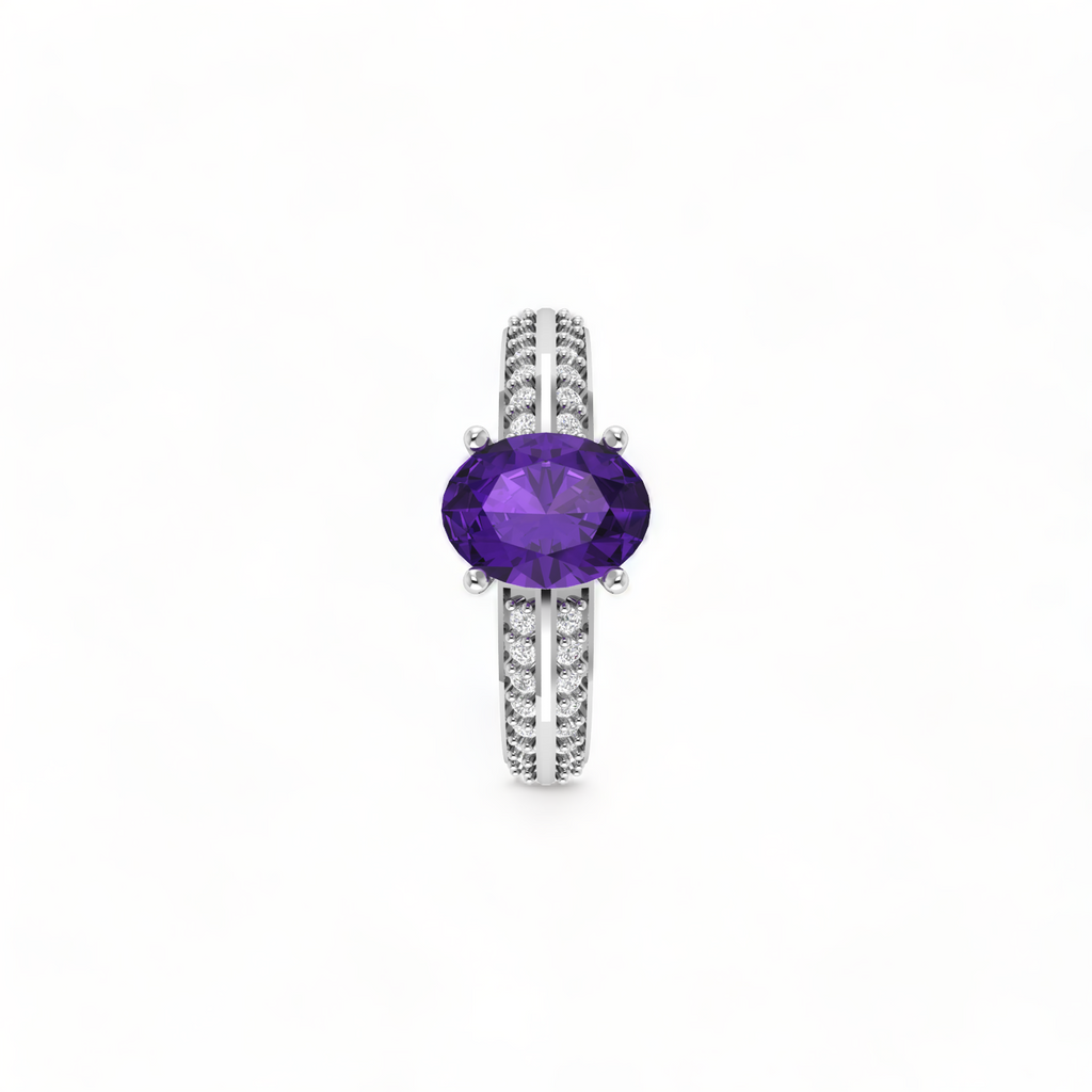 Oval Sparkling Solitaire Blue Sapphire Sterling Silver Diamond Ring