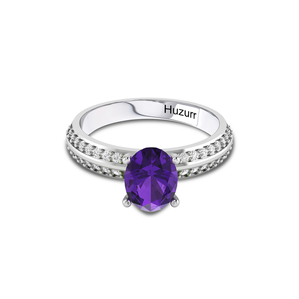 Oval Sparkling Solitaire Blue Sapphire Sterling Silver Diamond Ring