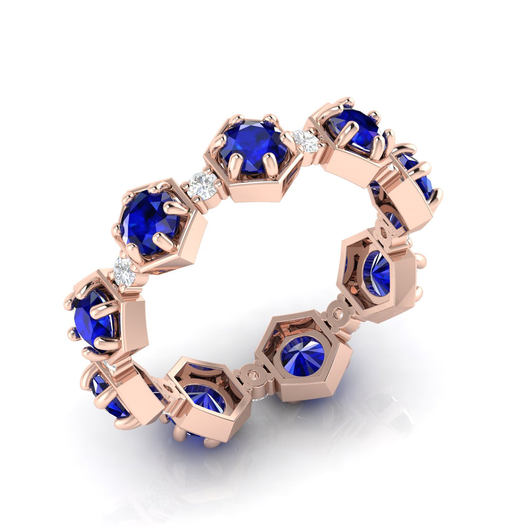 Round Cut Blue Sapphire Band Ring Rose Gold Plated