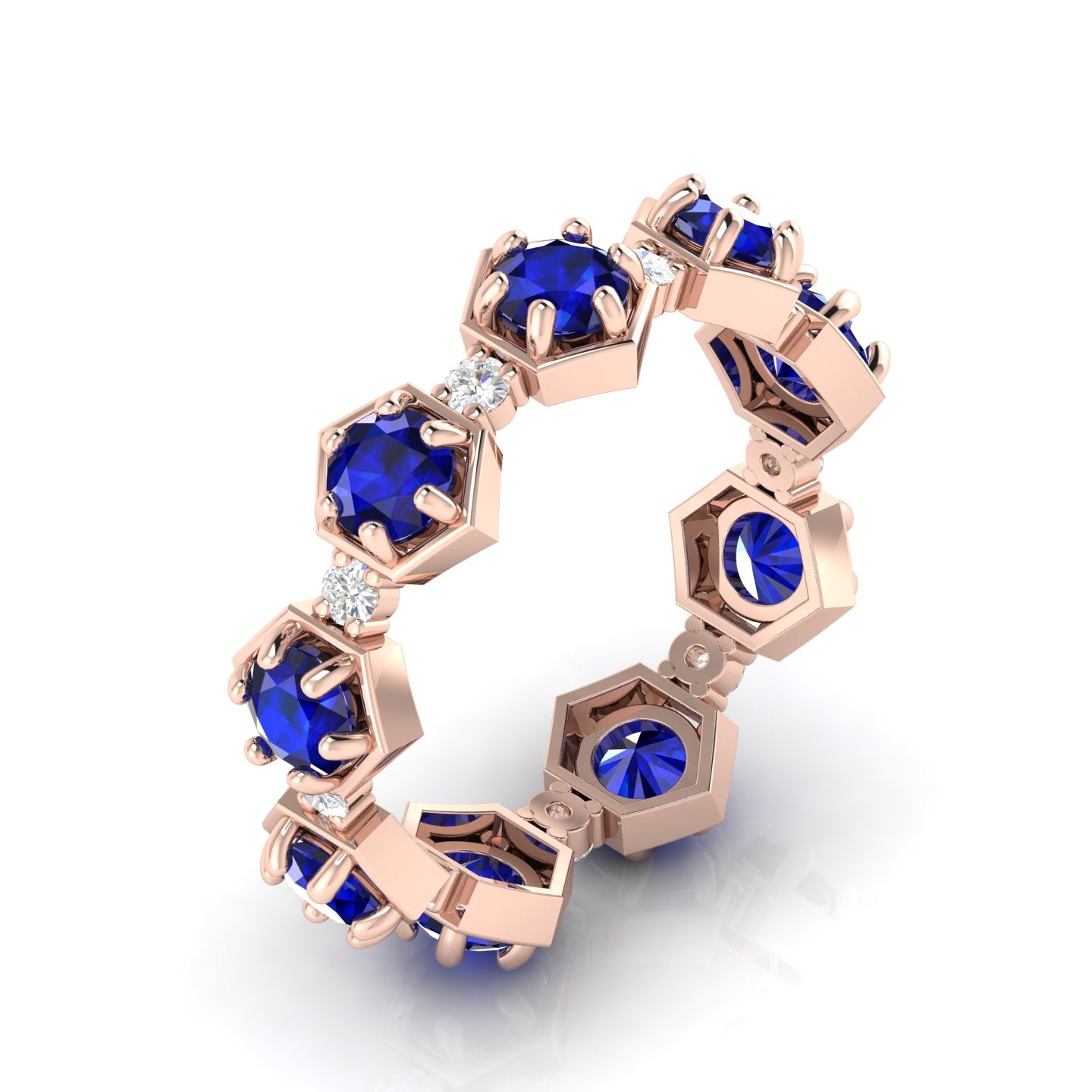 Round Cut Blue Sapphire Band Ring Rose Gold Plated