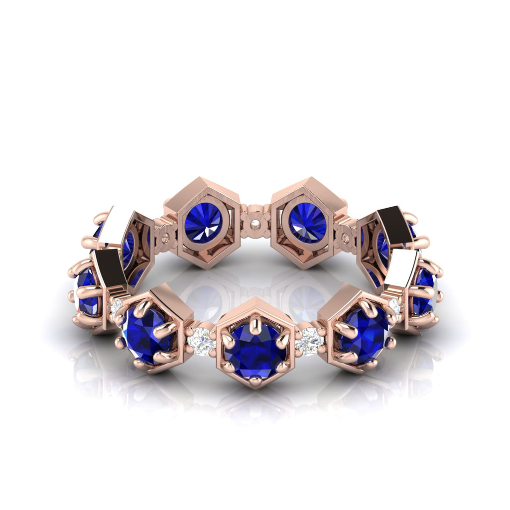 Round Cut Blue Sapphire Band Ring Rose Gold Plated