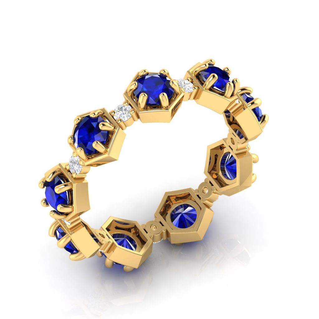 Round Cut Blue Sapphire Band Ring Yellow Gold Plated