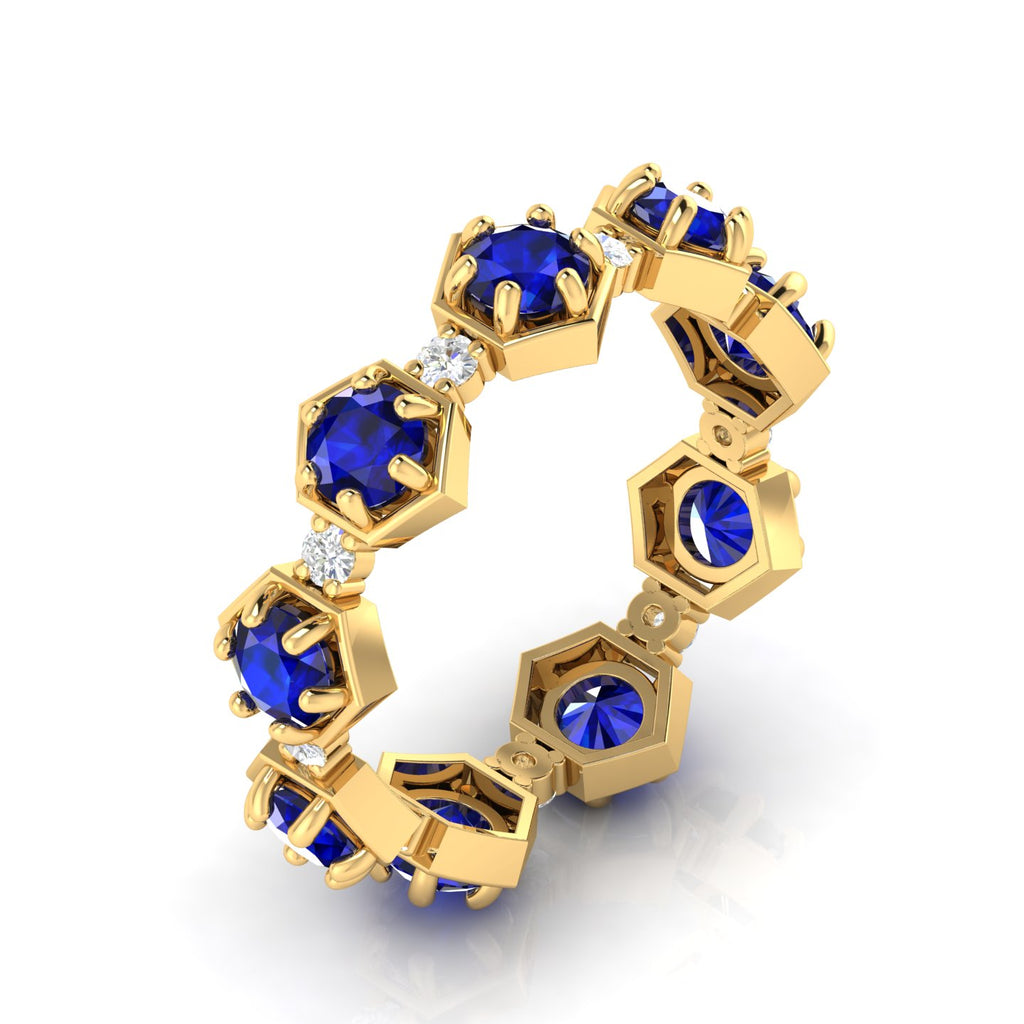 Round Cut Blue Sapphire Band Ring Yellow Gold Plated