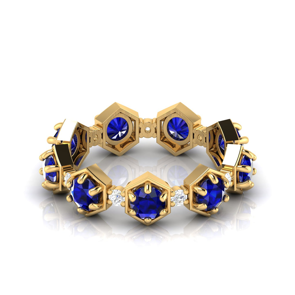Round Cut Blue Sapphire Band Ring Yellow Gold Plated
