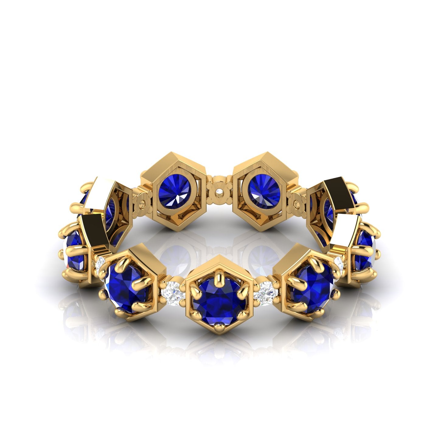 Round Cut Blue Sapphire Band Ring Yellow Gold Plated