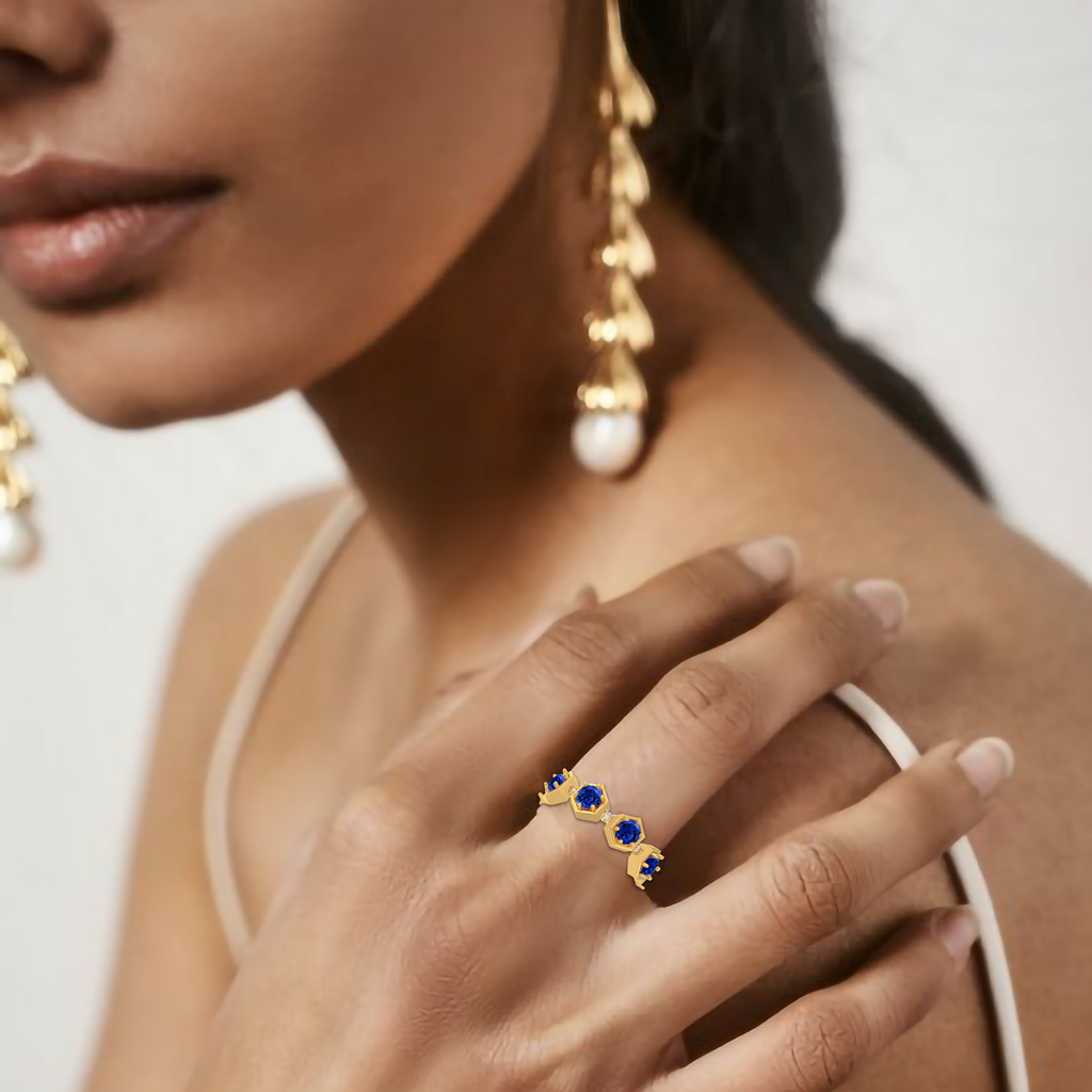 Round Cut Blue Sapphire Band Ring Yellow Gold Plated