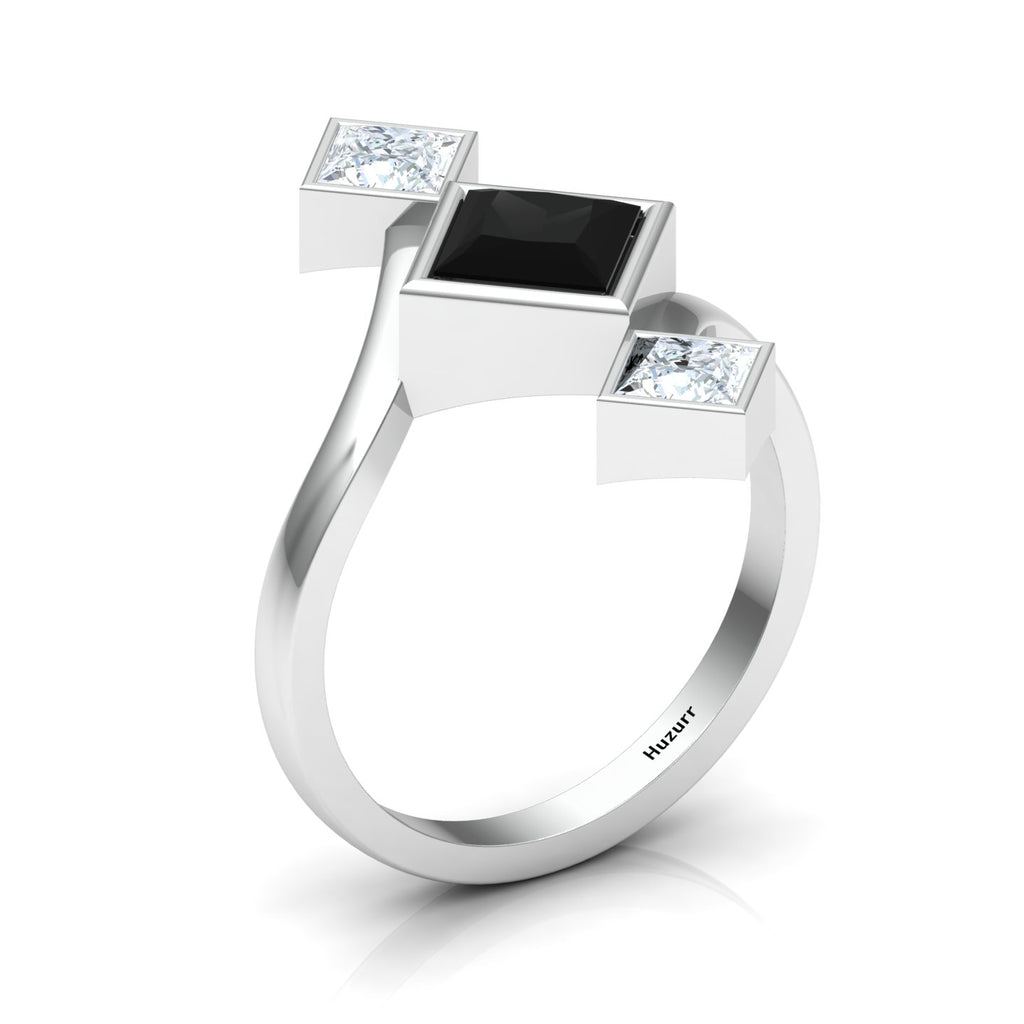 Princess-Cut Black & White Diamond 925 Silver Three Stone  Ring