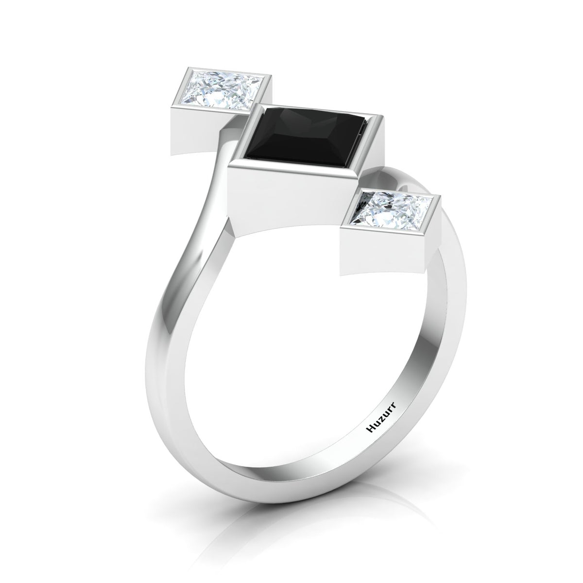 Princess-Cut Black & White Diamond 925 Silver Three Stone  Ring