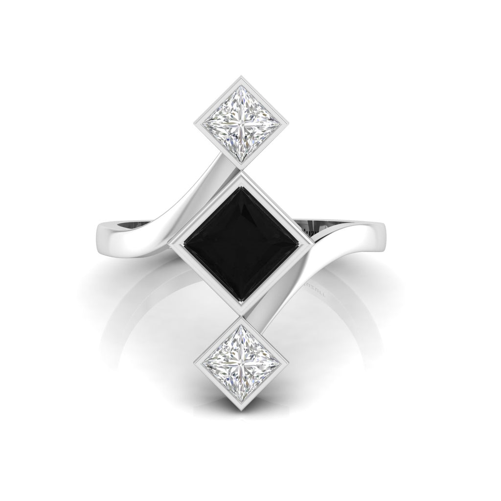 Princess-Cut Black & White Diamond 925 Silver Three Stone  Ring
